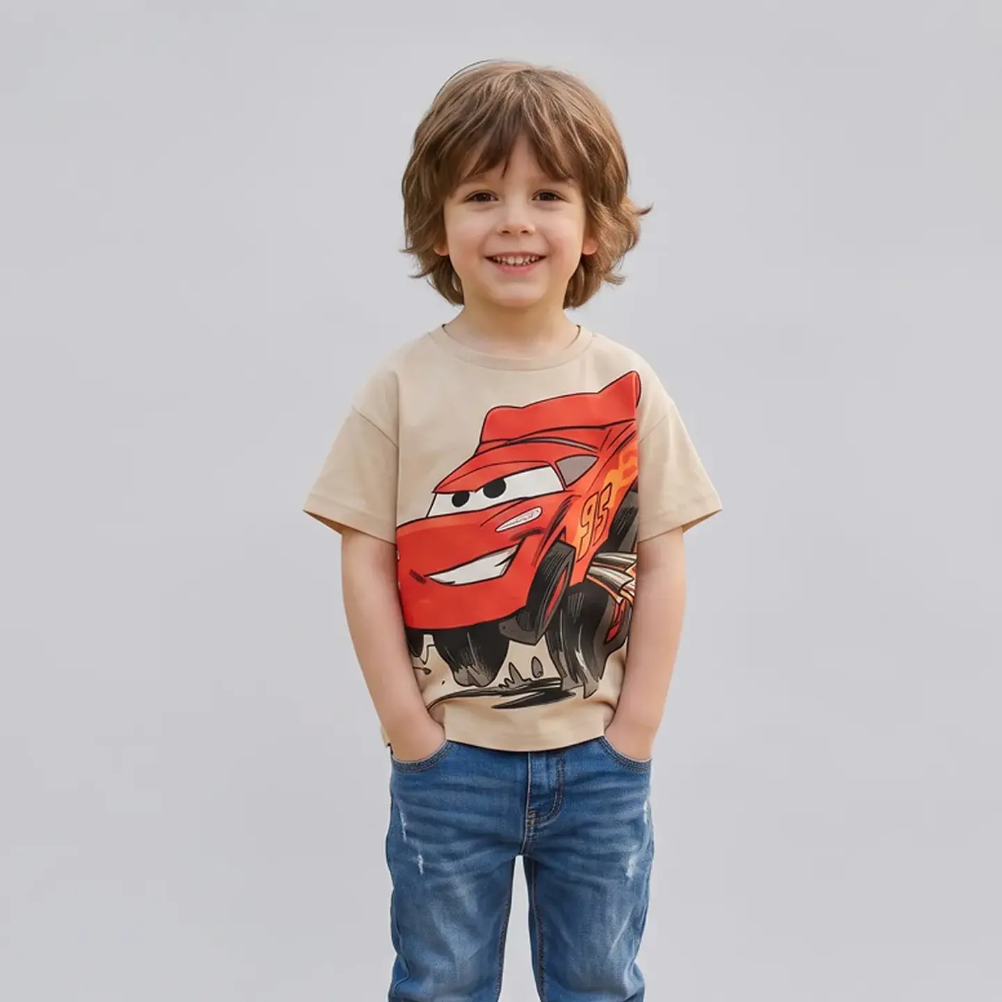 Polera Manga Corta Niño Cars Disney Rayo McQueen Beige 1
