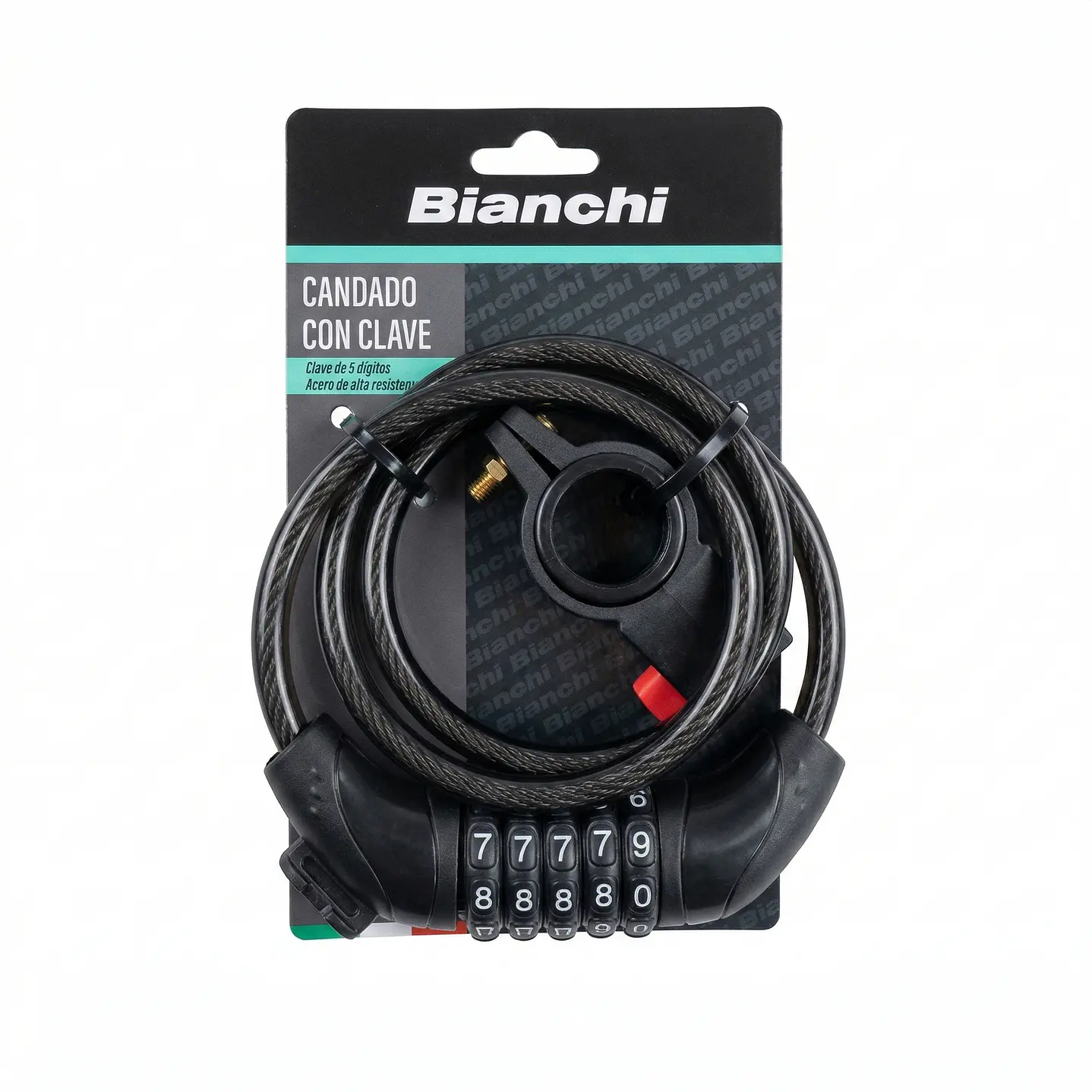 CANDADO CON CLAVE BIANCHI CABLE ACERADO, 5 DIGITOS, CON SOPORTE 2