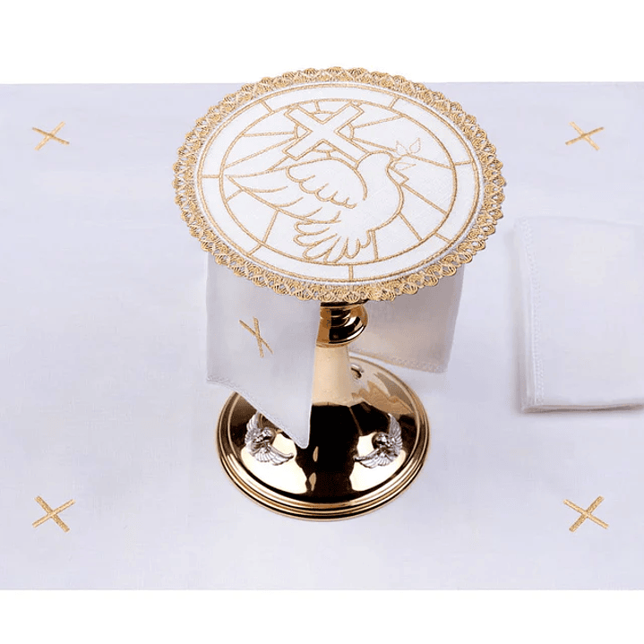 Juego corporal de copas de lino con motivo de paloma y cruz en punta redonda 1