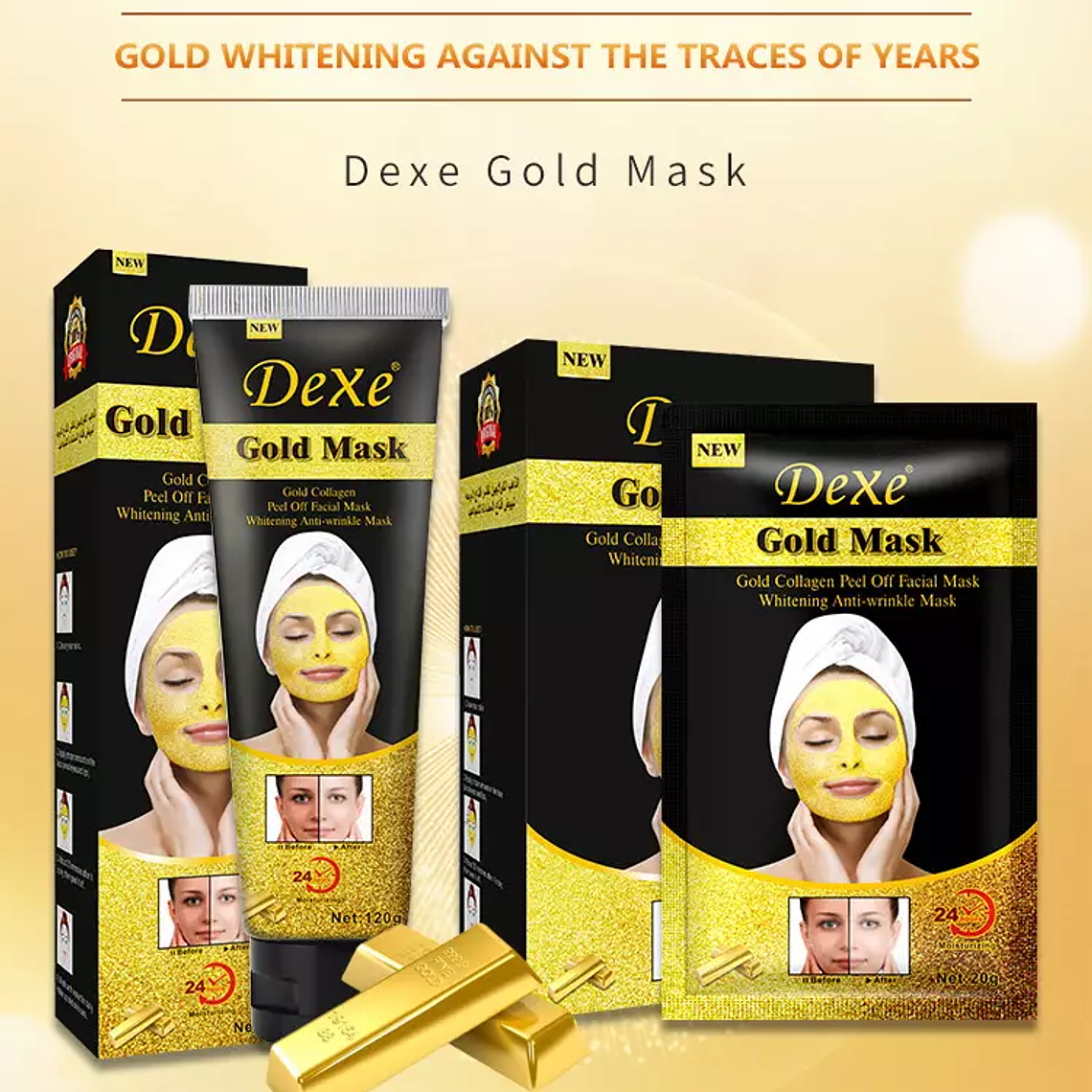 Mascarilla Facial Dorada con Colágeno y Carbón Activado para el Cuidado de la Piel, Rejuvenece y Aclara la Piel, Anti Arrugas, Hidratante Facial, Peel Off Mask, Tubo con 120g 5