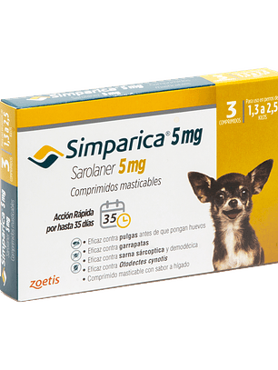 Simparica 5mg - 1.3 a 2.5kg - Caja de 3 comprimidos