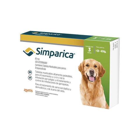 Simparica antiparasitario para perros de 20 a 40 Kg. 3 comprimidos
