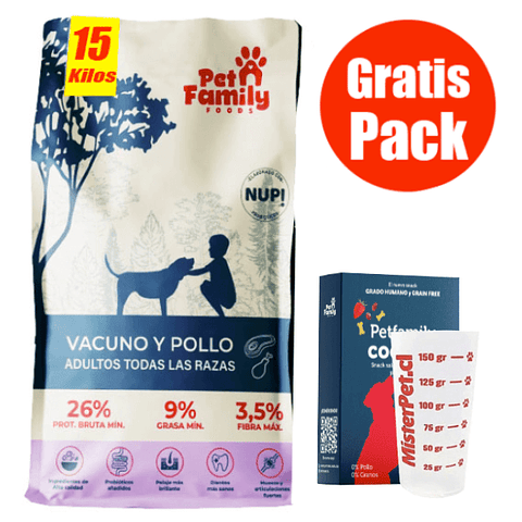 PetFamily Foods 15KG - Gratis Pack (Vaso medidor y Petfamily cookies)