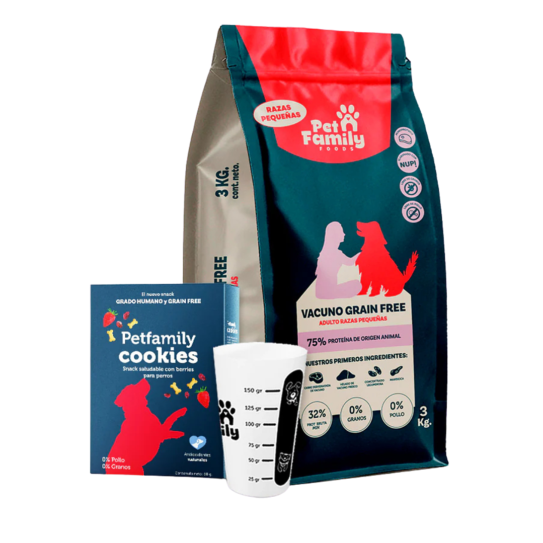 PetFamily Grain Free Razas Pequeñas 3 kg - Gratis pack (Vaso medidor y Petfamily cookies) 1