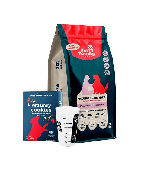 PetFamily Grain Free Razas Pequeñas 3 kg - Gratis pack (Vaso medidor y Petfamily cookies)