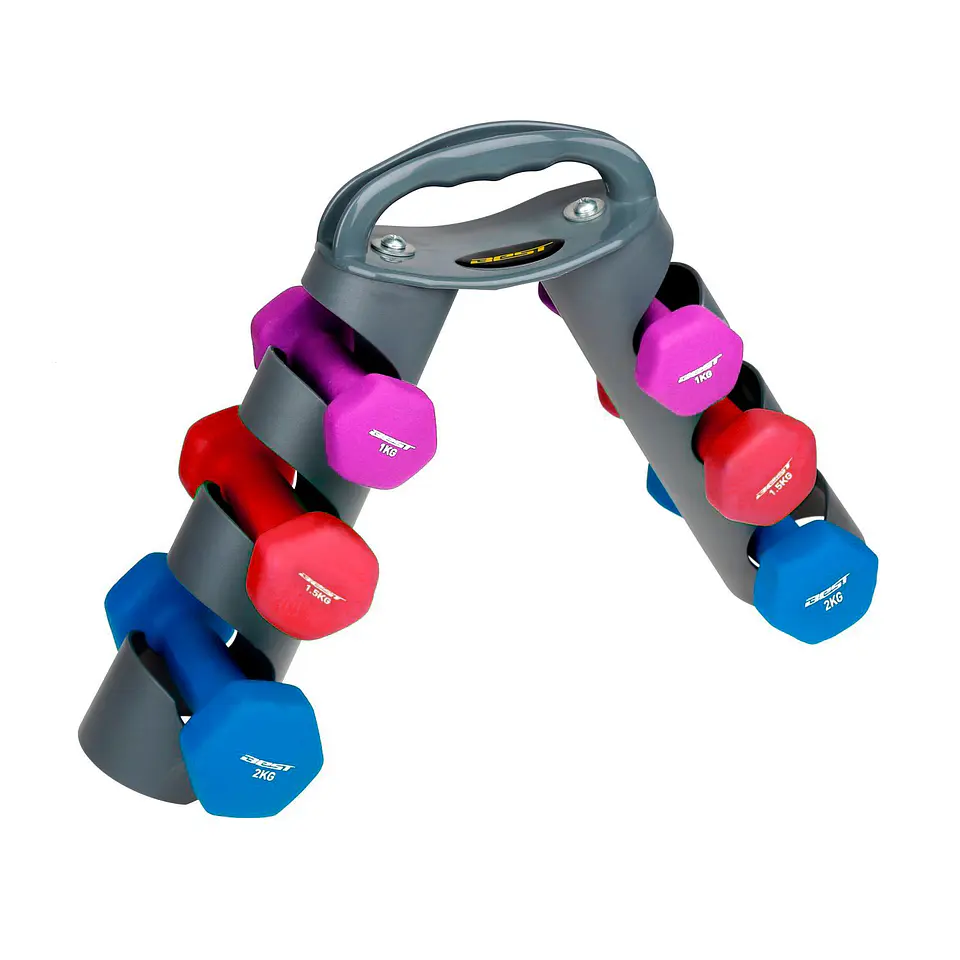 SET MANCUERNAS NEOPREN BEST (1KG-2PCS, 1.5KG-2PCS, 2KG-2PCS) CON STAND JY-DBS109F 1