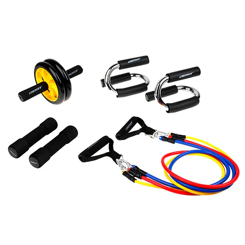 SET FITNESS BEST ( MANCUERNAS 1KG 2PCS - BANDAS DE RESISTENCIA 45LBS 3 PCS - 1 RUEDA ABS - 1 APOYO D