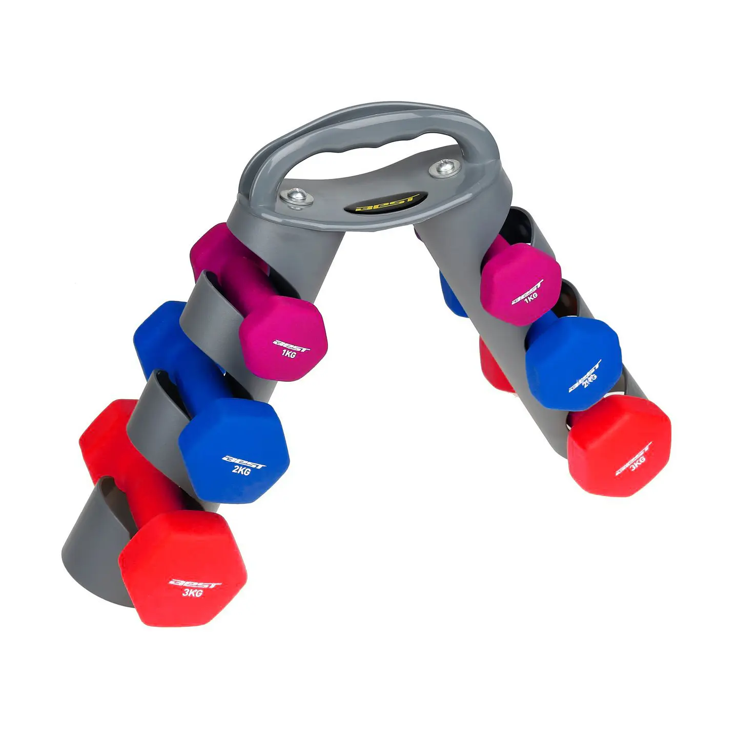 SET MANCUERNAS NEOPREN BEST (1KG-2PCS, 2KG-2PCS, 3KG-2PCS) CON STAND JY-DBS112F 1