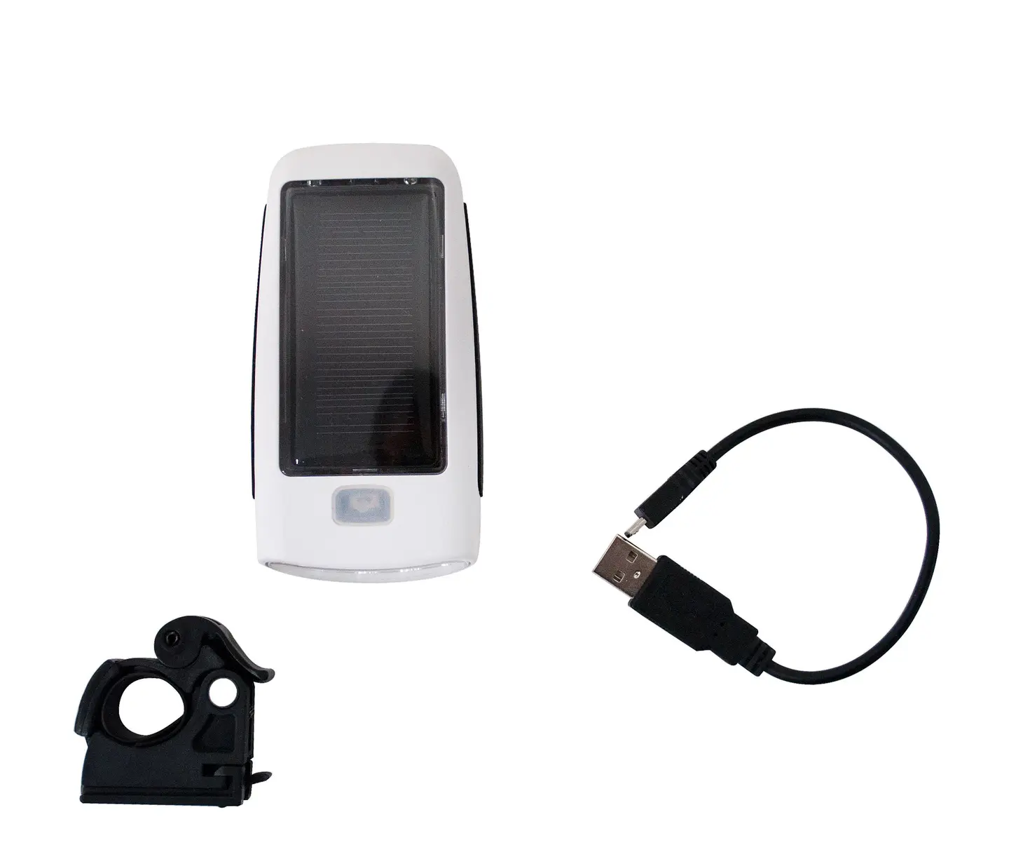 LUZ LED FOCO DELANTERO USB MAS CARGA SOLAR 2 MODOS CON SOPORTE Y CABLE DE CARGA 1