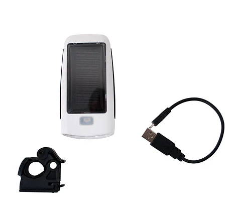 LUZ LED FOCO DELANTERO USB MAS CARGA SOLAR 2 MODOS CON SOPORTE Y CABLE DE CARGA