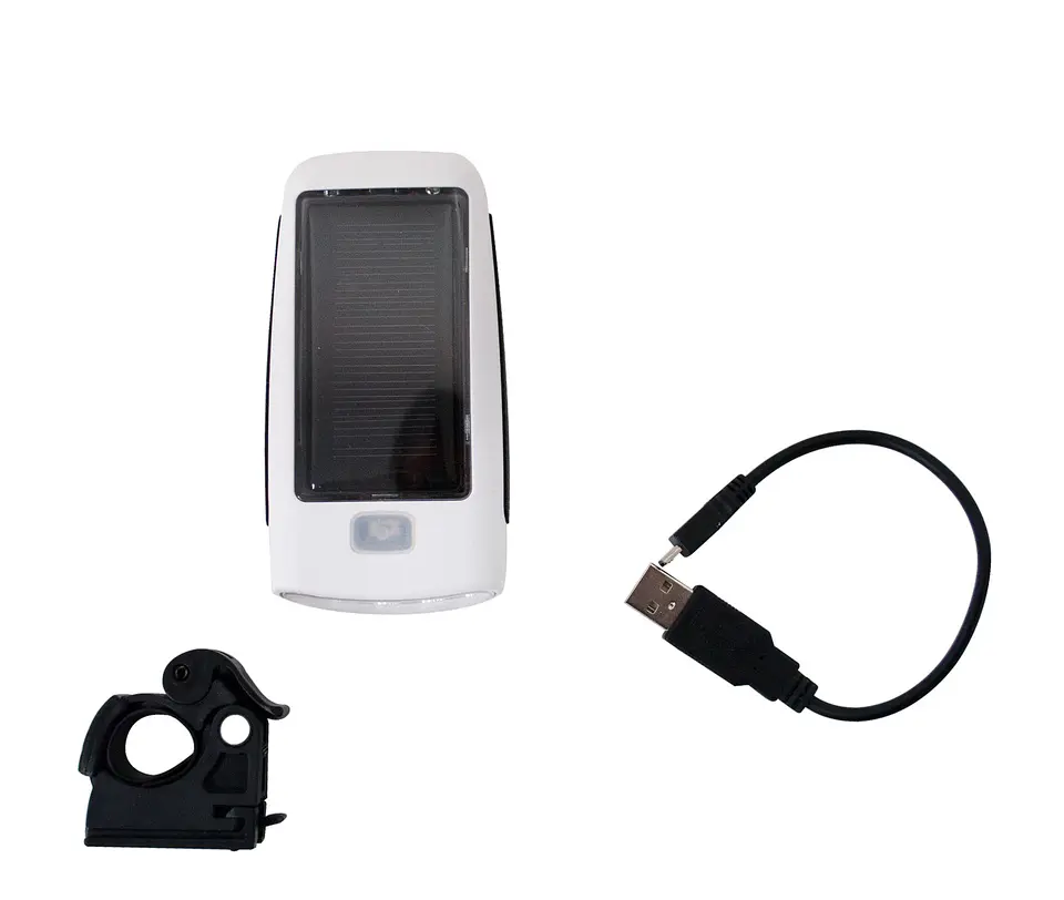 LUZ LED FOCO DELANTERO USB MAS CARGA SOLAR 2 MODOS CON SOPORTE Y CABLE DE CARGA 1