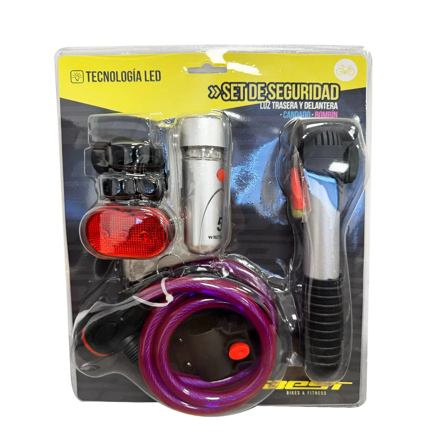 SET BEST ESSENTIAL  FOCO DELANTERO / FLASHER TRASERO / CANDADO / BOMBIN  BLISTER 1