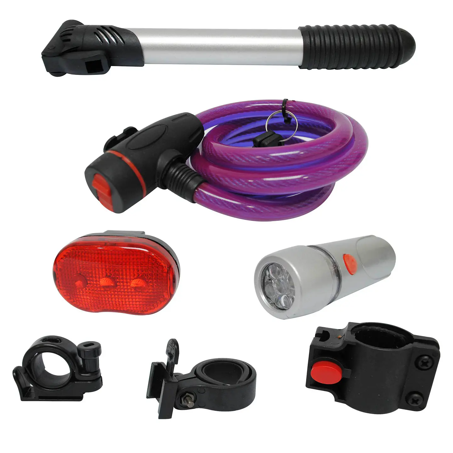 SET BEST ESSENTIAL  FOCO DELANTERO / FLASHER TRASERO / CANDADO / BOMBIN  BLISTER 2