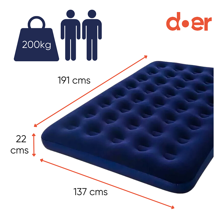 Colchón inflable Doble 191x137x22 con inflador manual y 2 almohadas 2
