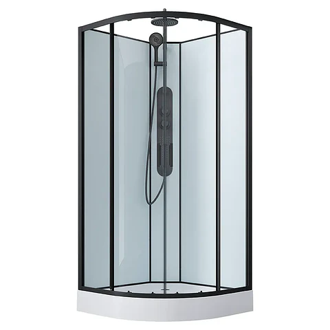 SHOWER CURVO 90X90 CON HIDROMASAJE Y PANEL NEGRO