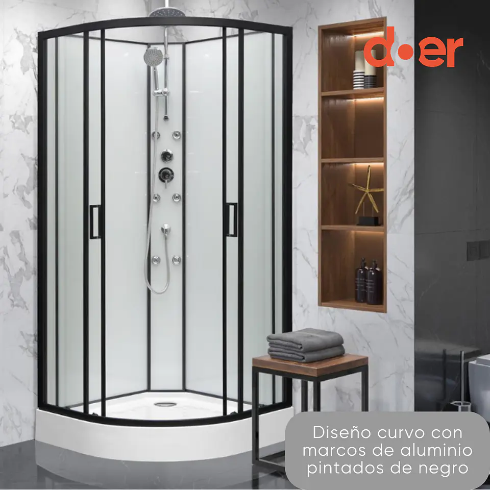 Cabina de ducha Oasis Large con hidromasaje 90x90x205cm diseño curvo marco negro 5
