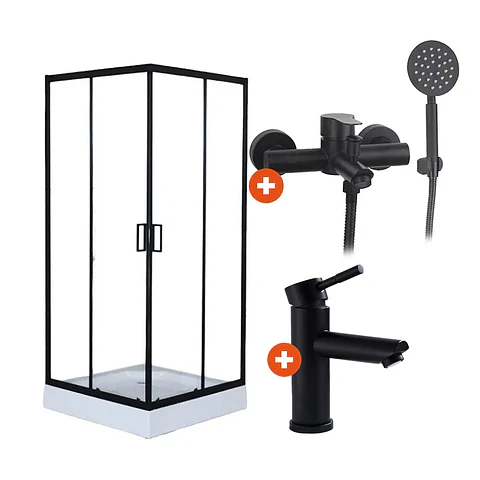 Combo Cabina de Ducha 80x80x200 + Grifería monomando ducha + Grifería lavamanos Negro