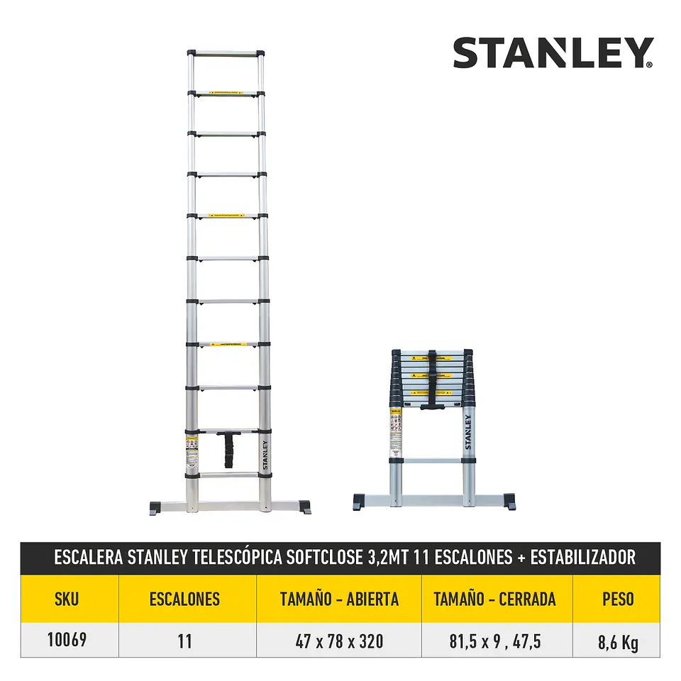Escalera Stanley Telescópica SoftClose 3,2mt 11 escalones + estabilizador 4