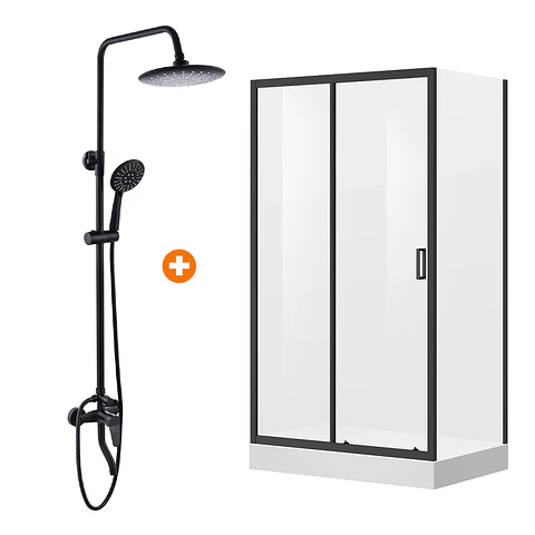 Combo Cabina Rectangular 120x90 + Columna de Ducha Negra 3 Funciones