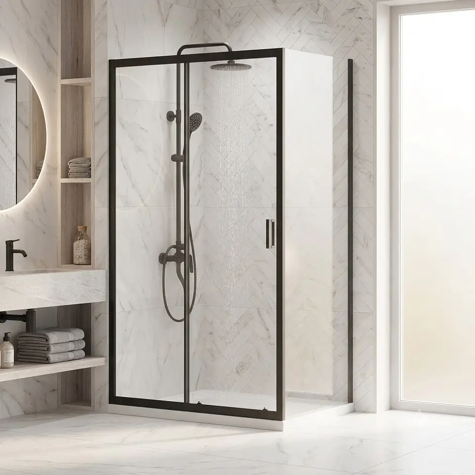 Combo Cabina Rectangular 120x90 + Columna de Ducha Negra 3 Funciones 2