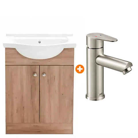 Combo Vanitorio a Piso Lenga 60cm + Grifería Lavatorio Inox satinado