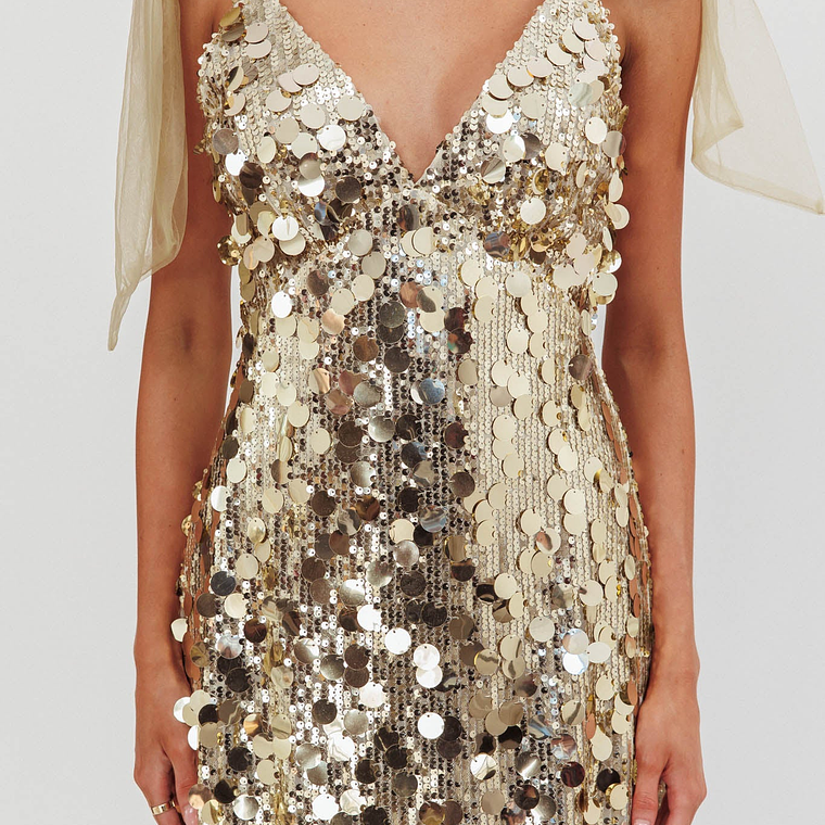 Mykonos Morning Tied Shoulder Sequin Mini Dress Gold 4