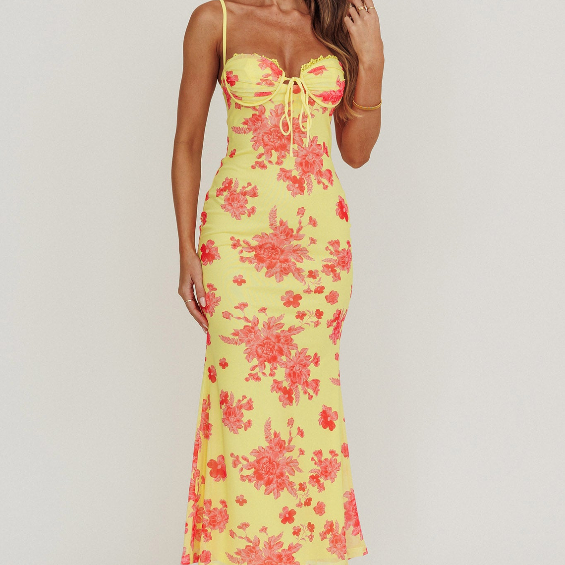 Fortune Mesh Floral Midi Dress Pink/Yellow 1