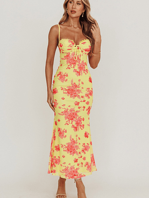 Fortune Mesh Floral Midi Dress Pink/Yellow