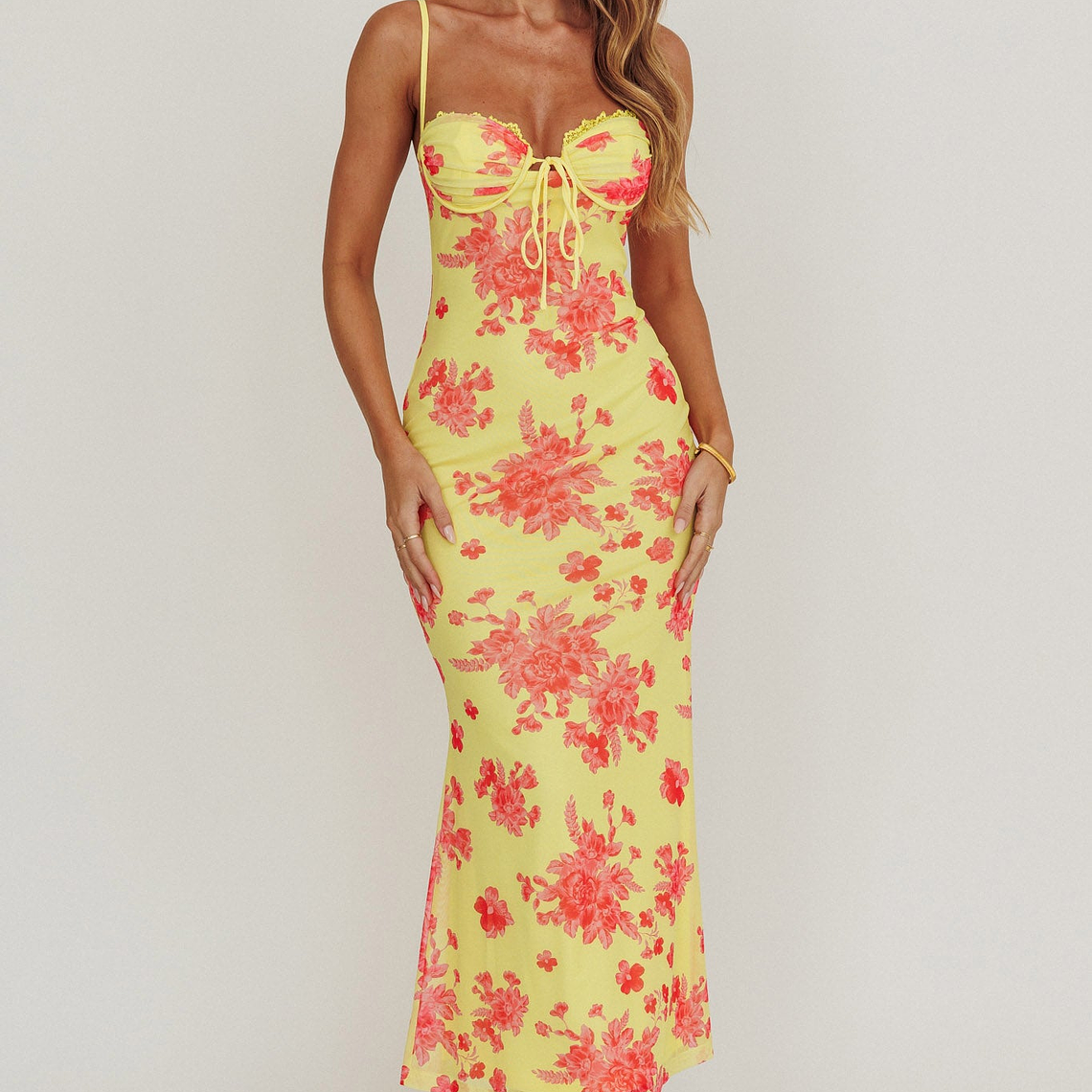 Fortune Mesh Floral Midi Dress Pink/Yellow 2