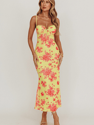 Fortune Mesh Floral Midi Dress Pink/Yellow