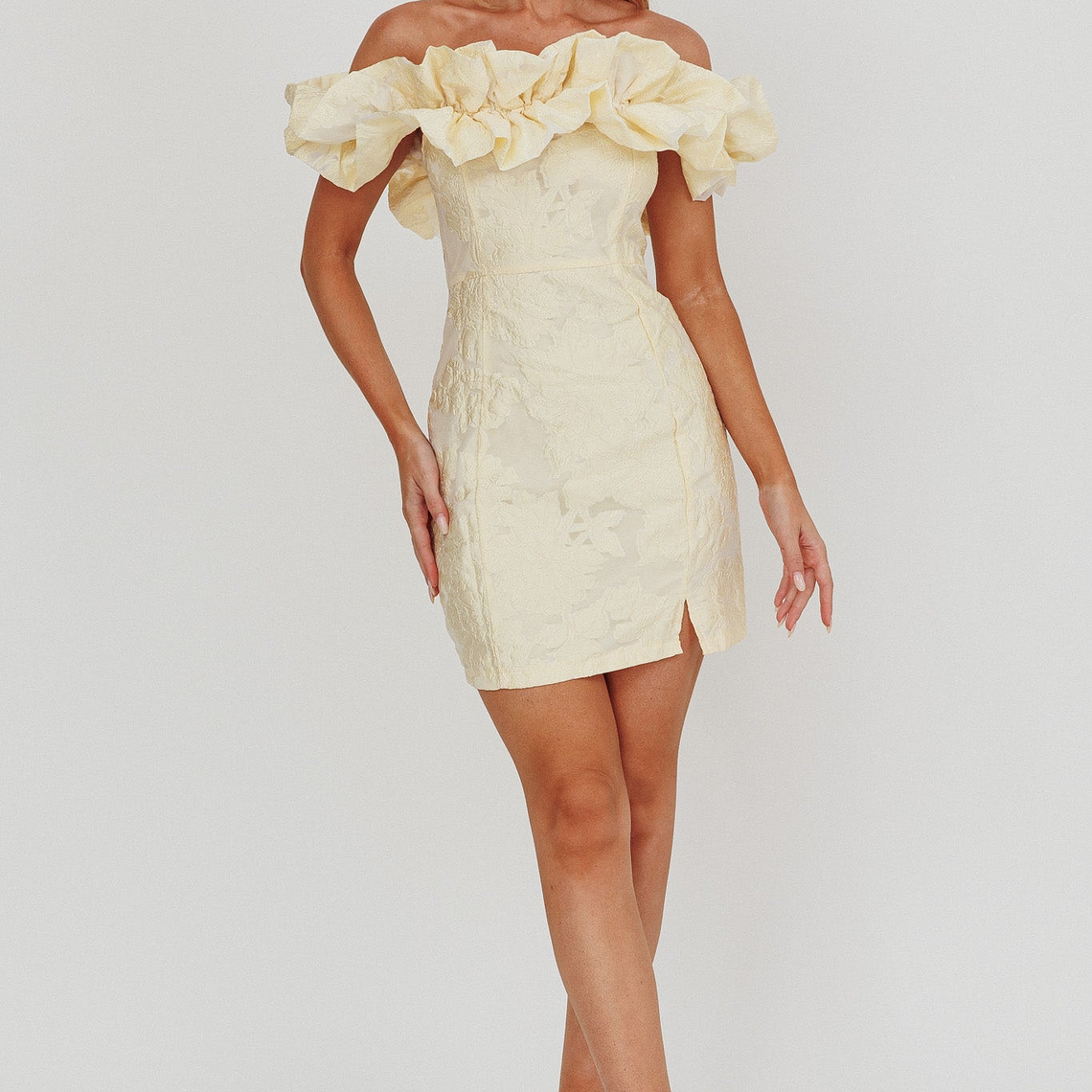 Memoire Off-Shoulder Jacquard Mini Dress Lemon 3