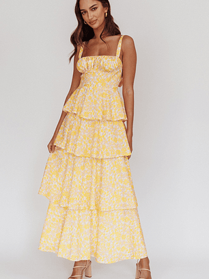 Provence Bloom Tiered Ruffle Floral Maxi Dress Yellow