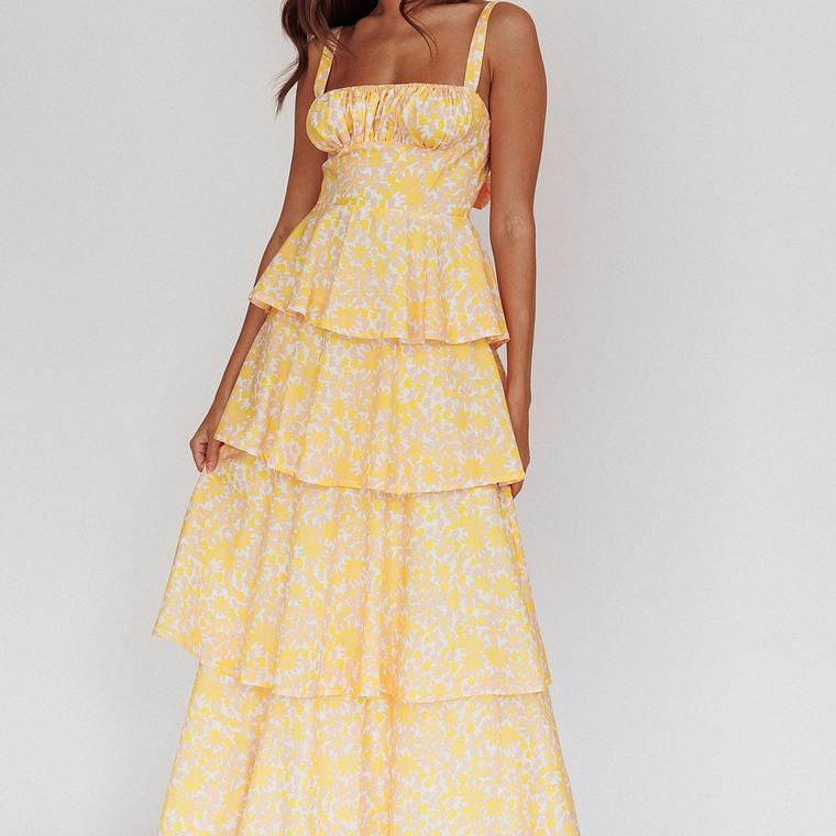 Provence Bloom Tiered Ruffle Floral Maxi Dress Yellow 1