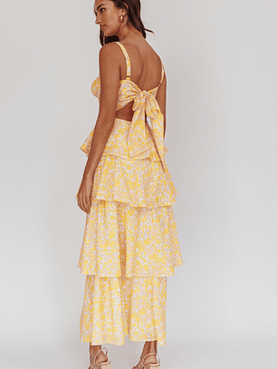 Provence Bloom Tiered Ruffle Floral Maxi Dress Yellow