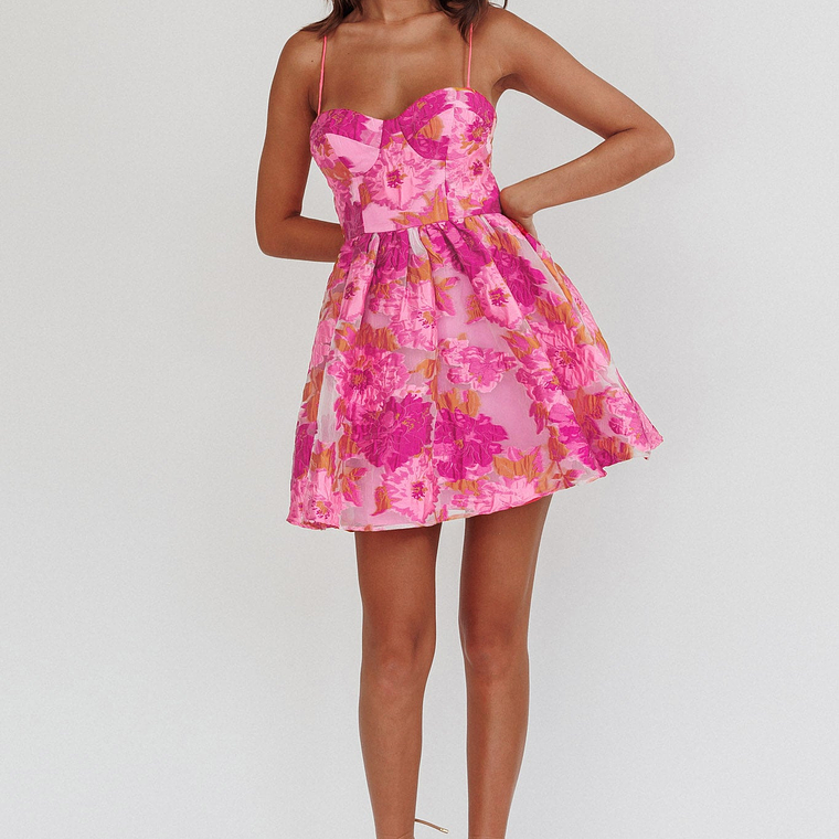 Belle Enchante Cami Strap Jacquard Mini Dress Pink 3