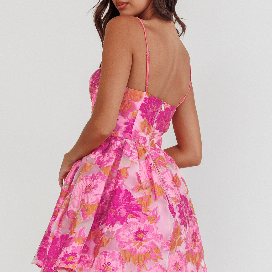 Belle Enchante Cami Strap Jacquard Mini Dress Pink 4