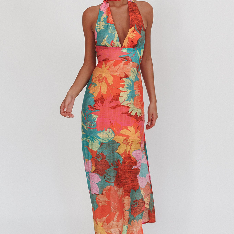 Cipriana Backless Halter Maxi Dress Floral Pink 6