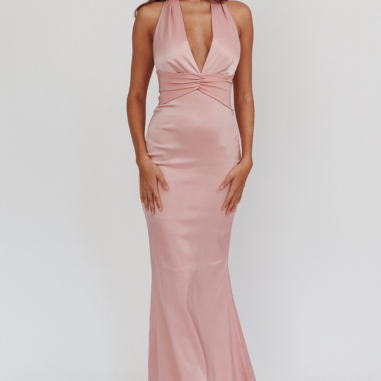 Italia Azure Pleat Bodice Halterneck Maxi Dress Blush 6