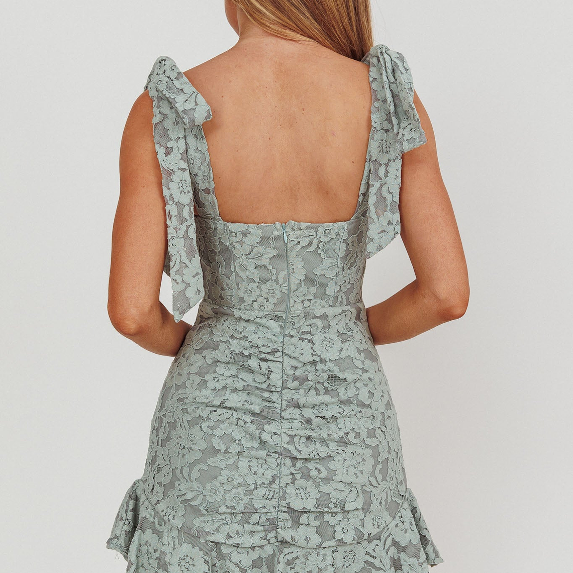 Neriah Tied Shoulder Lace Mini Dress Sage 2
