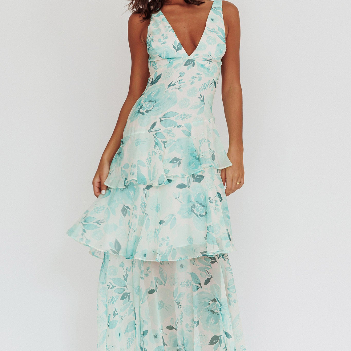 Veda Strappy Back Ruffle Maxi Dress Floral Green 1