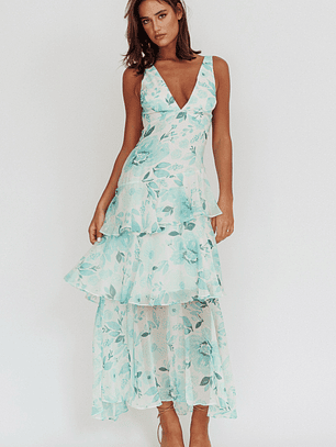 Veda Strappy Back Ruffle Maxi Dress Floral Green