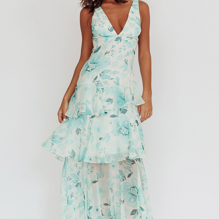 Veda Strappy Back Ruffle Maxi Dress Floral Green 1