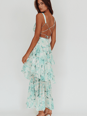 Veda Strappy Back Ruffle Maxi Dress Floral Green