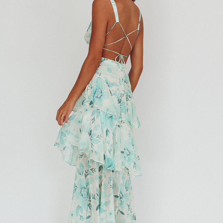 Veda Strappy Back Ruffle Maxi Dress Floral Green 2