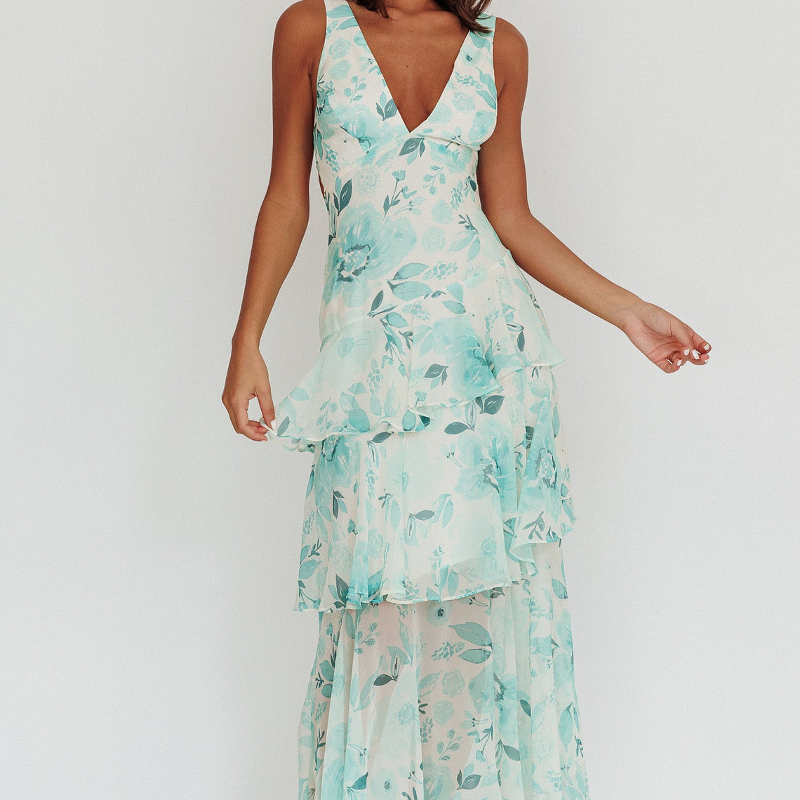 Veda Strappy Back Ruffle Maxi Dress Floral Green 3