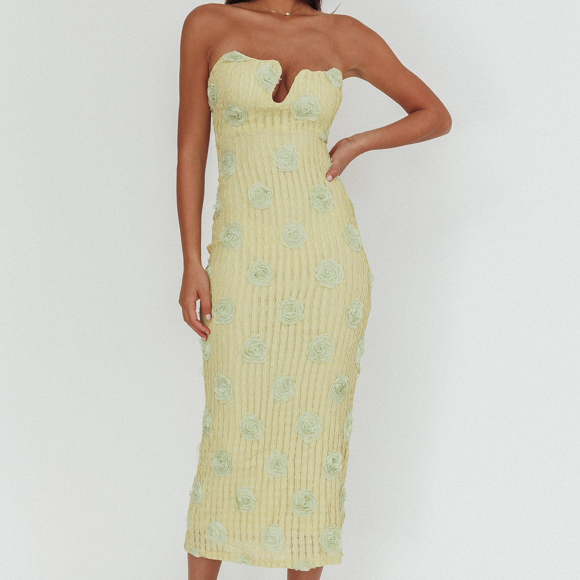 Horizon Strapless Textured Floral Midi Dress Green 1