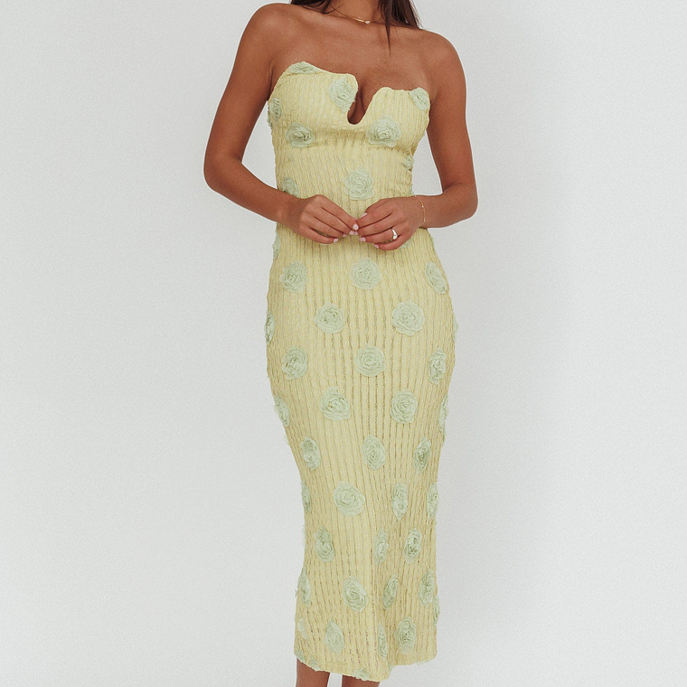 Horizon Strapless Textured Floral Midi Dress Green 3