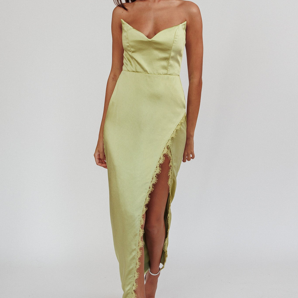 Winter Moon Strapless Lace Trim Midi Dress Sage 1