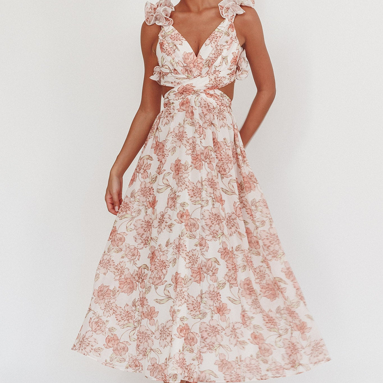 Madara Lace-Up Back Maxi Dress Floral Peach 1