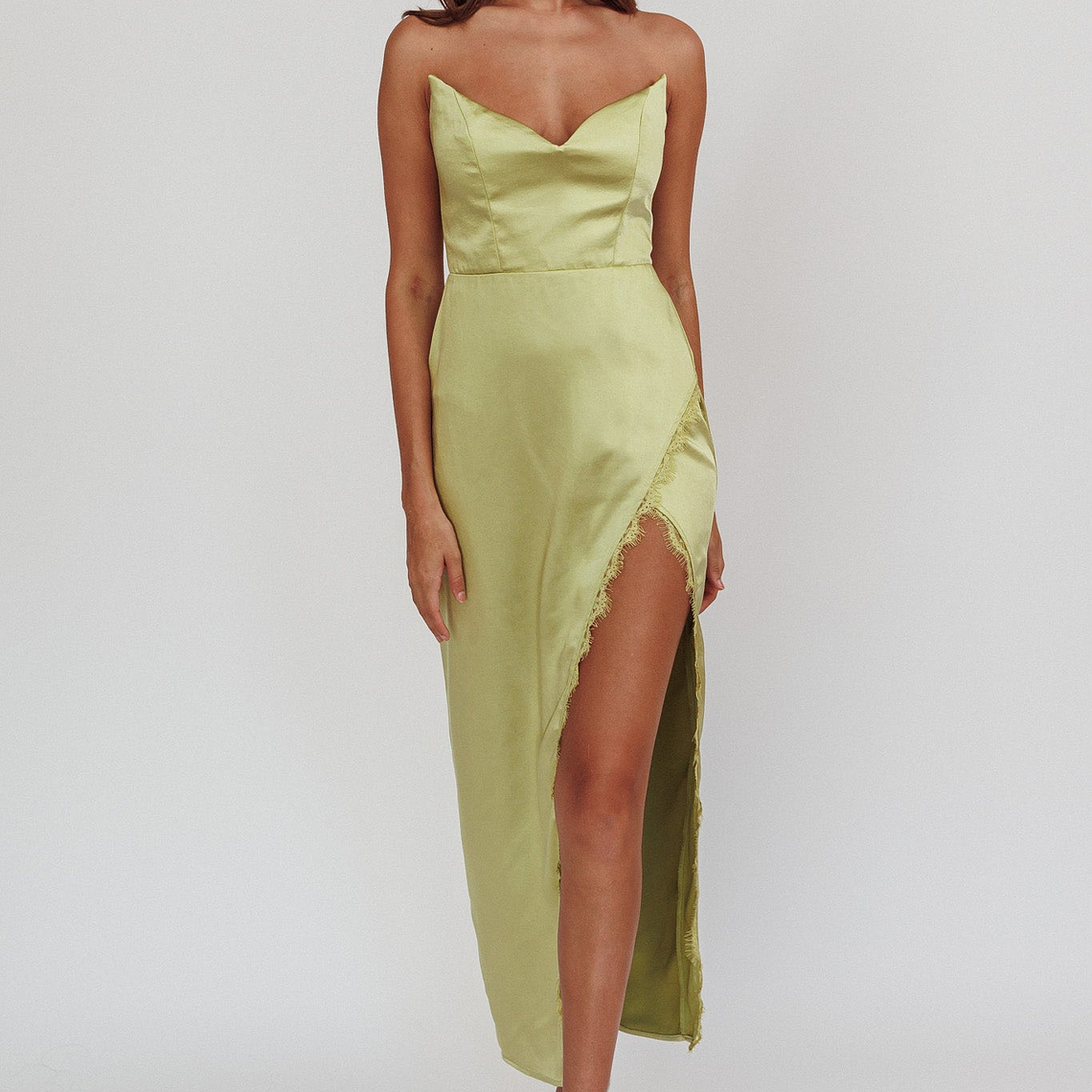 Winter Moon Strapless Lace Trim Midi Dress Sage 5